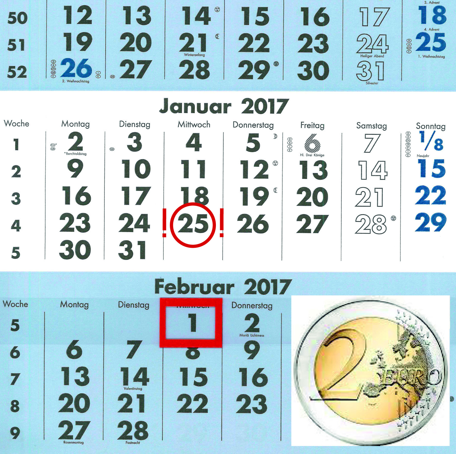 Kalender zu spät mit 2€